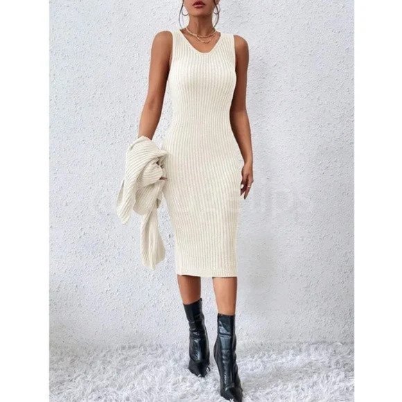 Two Piece White Knit Midi Pencil Dress and Turtleneck Pullover Sweater - Picture 4 of 7